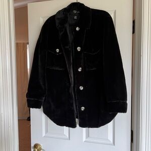 Black Faux Fur Coat with Silver Buttons